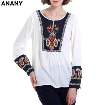 China ANANY Vintage Women's Boho Blouse Shirts Embroidery Long Round Neck White Top Anti-Shrink Sleeve Elegant Casual Shirts for sale