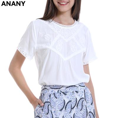 China Anany New Design Summer Casual Fashion Ladies Anti-pilling White Short Sleeve Blouse With Exquisite Embroidery for sale