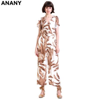 China Anany Autumn Wholesale Viscose Leaf Printed Anti-wrinkle V Neck Short Sleeve Fashion Women One Piece Overalls for sale