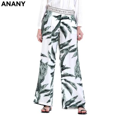 China Wholesale Anany Fashion Design Anti-wrinkle Squishy Leaf Printed Women's Long Wide Leg Pants Loose for sale