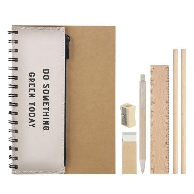 China Custom Recycled Simple Wooden Ruler Eraser Pencil Sharpener Spiral Notebook Stationery Eco Friendly Set for sale