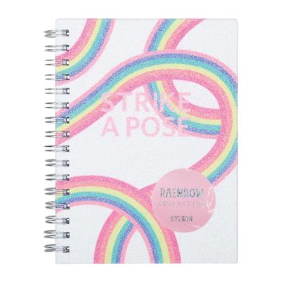 China Cute Rainbow Design PU Logo Custom Printing Rainbow Glitter by Fashoion with Pink Quotes Hardcover Book Spiral A6 Notebook for sale