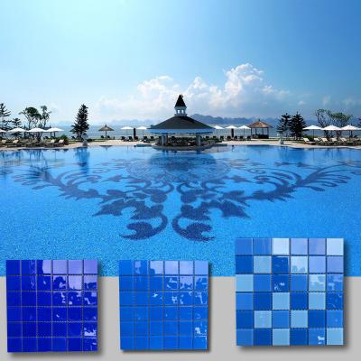 China 25x25 stock glass blue pool mosaic tiles swimming pool for sale