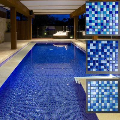 China 25x25mm square mixed blue color crystal glass mosaic pool tiles for sale