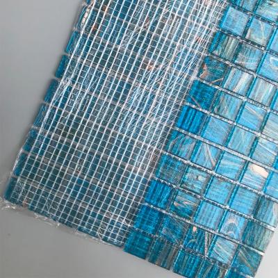 China New Designs 20x20mm Square Blue Gold Lines Glass Mosaic Pool Tiles for sale