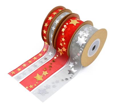 China Changxu 10/25mm (10Yards/Roll) Width Gold Star Ribbon Organza Viable Hot Stamping Printing Gift Packaging Decorative Diy for sale