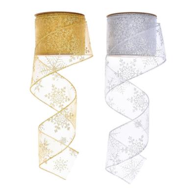 China Changxu Sustainable Snowflake Wired Sheer Glitter Ribbon (10yards/roll) with Spool for Christmas Decoration Gift Wrapping Party Decoration for sale