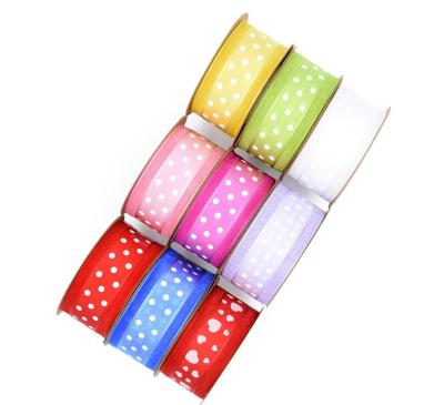 China Changxu Sustainable Wholesale Printed Organza Ribbon (5m/Roll)(10m/roll) 25mm Colored Small Dots Gift Wrap Decoration Ribbons for sale