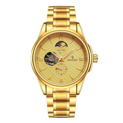 China Cheap Sun Moon Phase Water Resistant Logo Skeleton Automatic Mechanical 24k Custom Gold Watches for sale