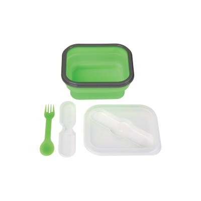 China Microwavable Silicone Collapsible Food Container with Double Folding Utensil Bento Lunch Box for sale