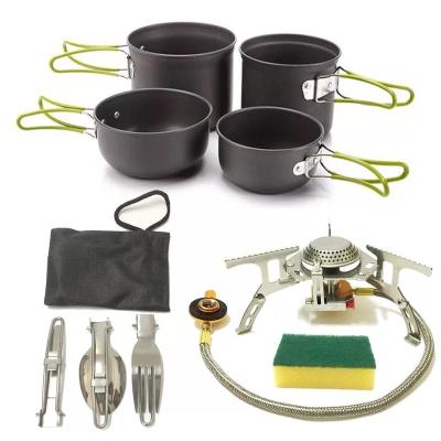 China Manual Camping Cookware Set Outdoor Tableware Cooking Pot Set Travel Pan With Outdoor Stove for sale