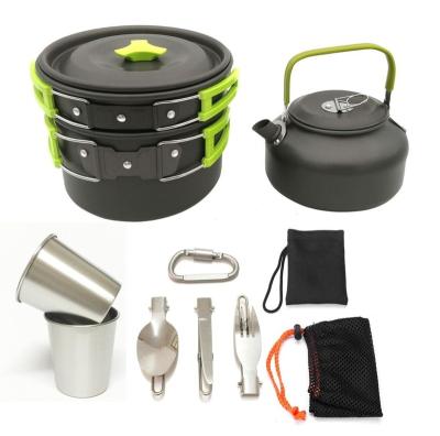 China Carry Outdoor Cooking Portable Pot Pan Kettle Aluminum Alloy Camping Cookset with Fork Spoon Knife for sale