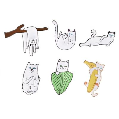 China New Europe Cartoon Animal Brooches Jewelry White On Branches Banana Leaf Lying Cat Enamel Pin Denim Button Brooch Pin for sale