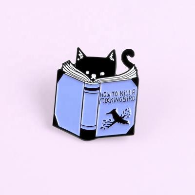 China Europe Book Pins Custom Animal Bag Clothes Lapel How To Kill A Mockingbird Badge Cat Reading Enamel Bird Pin for sale