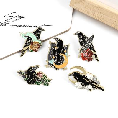 China Custom Europe Bird Feather Moon Flower Brooches Bag Gothic Crow Raven Enamel Pin Lapel Punk Badge Jewelry Gift for sale