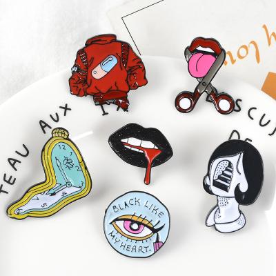 China Europe twisted clock girl brooches denim shirt lapel bag punk cool jewelry pill eyeliner tongue lips enamel pins for sale