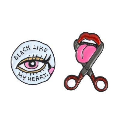 China Europe Sister Black Like My Heart Pins Eye and Lips Eyeline Punk Enamel Mouth Brooches Red Scissors Jewelry Pins Badges for sale