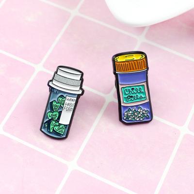 China Europe Drift Bottle Pin Cold Pill Bottle Love Me Hope Bottle Brain Juice Drink Enamel Pins For Friends for sale