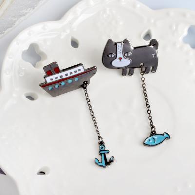 China Cute Europe Cartoon Kitten Fish Sailing Boat Metal Brooch Pins With Chain Pin Denim Jacket Badge Gift for sale