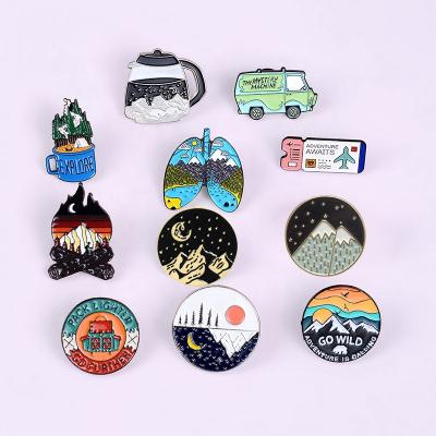 China Europe Travel Pins Collection Mountain Camping Wild Rise Firewood Explore Nature Badges Outdoor Adventure Enamel Pin Wholesale for sale