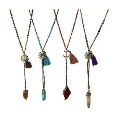 China BOHEMIA Style Elegant Ethnic Beaded Tassel Stone Pandent Natural Stone Pandent Necklace Big Long for sale