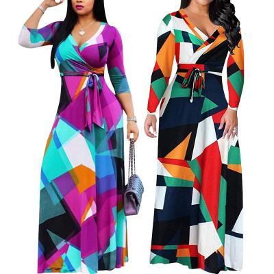 China SMR10886 European and American V-neck casual printing women's new fashion breathable digital long-sleeved dress for sale