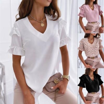 China MT222-21009 Wholesale Summer Ladies Anti-pilling Casual V-Neckline Ruffled Top Shirt Ladies T-shirt Ladies for sale