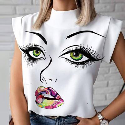 China Breathable Ladies Shape Cute Eyes Short Sheath Elegant Lip Copy Women's Top Summer Stand Collar Casual Sweater for sale