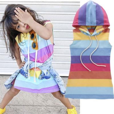 China Rainbow Soft Breathable Striped Sleeveless Hooded Dress Baby Kids Clothes Summer Girl Daily Loungewear for sale