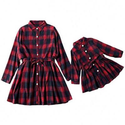 China Formal Matching Long Sleeve Self-Tie Christmas Plaid Outfit Mother And Daughter T-shirt Dress Family Matching Clothes for sale