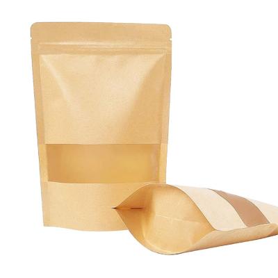 China Recycled Materials Food Flour Rice Custom Tea Stands Up Kraft Paper Bag With Window And Zipper for sale