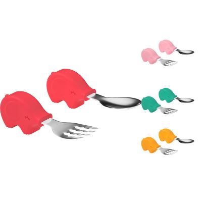 China BPA Free Wholesale Customized Small Baby Portable Spoons Sets Kids Stainless Steel Silicone Spoons And Forking Tableware For Christmas Gifts for sale