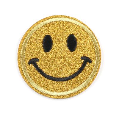 China Handmade smile face embroidery patches loop and hook square smile face sequin patches iron on clothes for sale