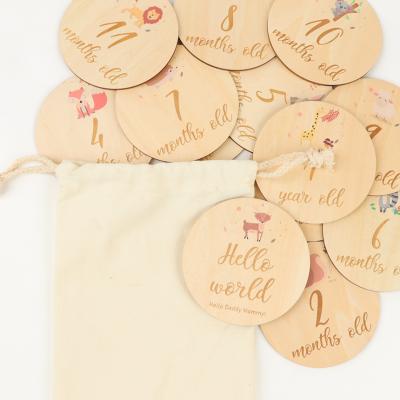 China China 13pcs Wooden Baby Month Milestone Cards Hand-Crafted Birth Month Birthday Photography Props Toy For Newborn Shower Gifts for sale