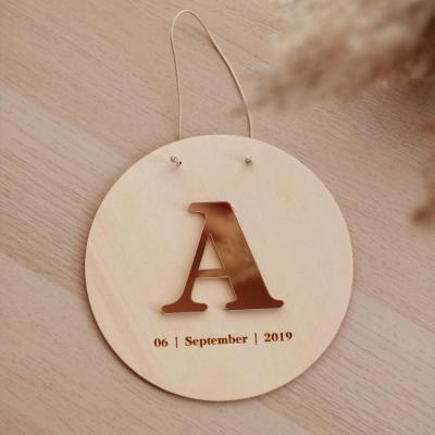 China Europe Birth Announcement Baby Nursery Room Decor Wooden Disc Sign With Gold Capital Letter for sale