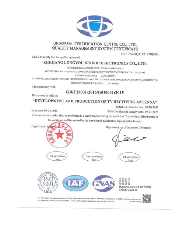 ISO9001 - Zhejiang Longyou Xinxidi Electronics Co., Ltd.