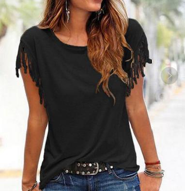 China New Summer Breathable Casual Tassel T-shirt Solid Color Sleeveless Tees Short Sleeve O-neck Women's Clothing T-shirt for sale