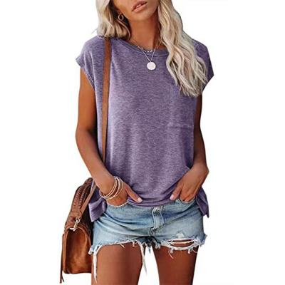 China Anti-pilling New Women's Summer Round Neck Solid Color Short T-Shirt Full Sleeve With Pocket for sale