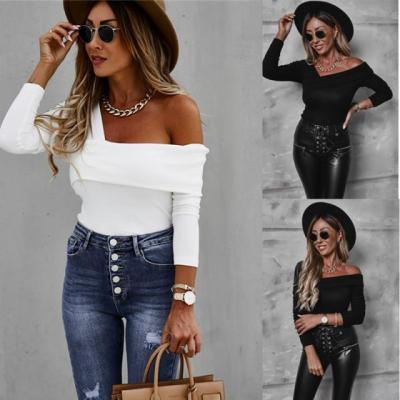 China 2021 New Soft Casual Cross Off Shoulder Tee Deep V-Neck Ribbed Knit Sweater Women's Slim Wrap Shirt Blouse for sale