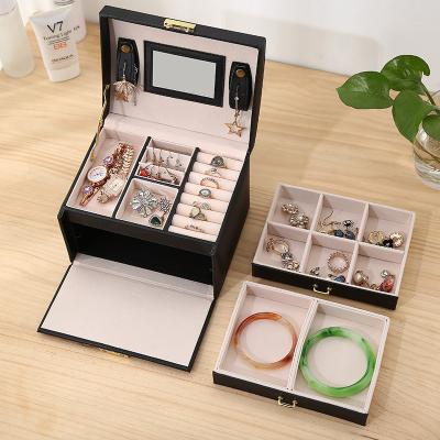 China Hot Sales Three-Layer Fashionable PU Leather Jewelry Box Double Drawer Jewelry Box Princess Jewelry Storage Box For Women for sale