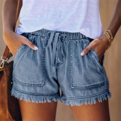 China Viable Wholesale Summer Slimming Elastic Drawstring Waist Denim Casual High Waist Fashion Pocketed Shorts for sale