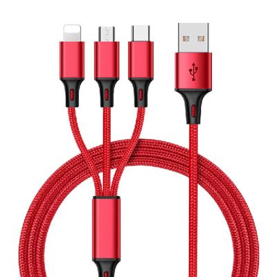 China For iPhone + Type C Phone + Micro-USB Phone Durable Nylon Braided Charging USB Cable 3 in 1 Replacement for iPhone USB Charging Cable for sale