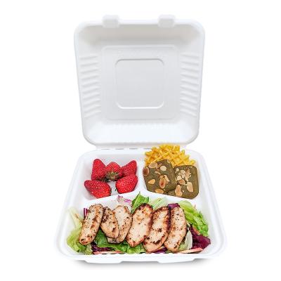 China 9 Inch 3 Compartment Disposable Clamshell Eco Bento Box Togo Food Microwavable Container Boxes for sale