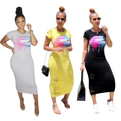 China Wholesale breathable clothing 2021 new design ladies leisure dress tight lips printed dresses rib to knit LOGO customization sexy woman for sale