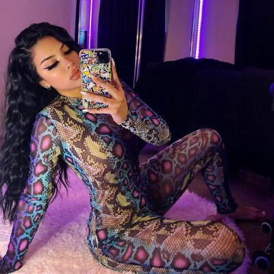 China Anti-pilling sassy sexy crawl snake printed women bodycon one piece jumpsuit jumpsuit long sleeve jumpsuits for women for sale