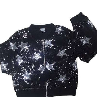 China Anti-Wrinkle Hot Sale Girl's Fashionable Bomber Suit Zipper Up Jackets With Shiny Sequins Star Patterns Trimmed With Plain Tank Top for sale