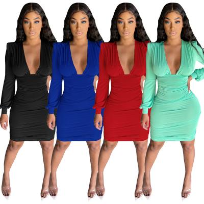 China Autumn Long Sleeve Dresses Women Bodycon Fashion Deep V Neck Shorts Anti-Static Sexy Dress for sale