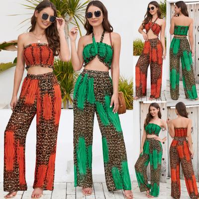 China 2023 Summer New Breathable Suit Thin Bra Tops Printed Wide Leg Pants Bohemian Women Two Piece Suit Fashion Casual Beach Pants for sale