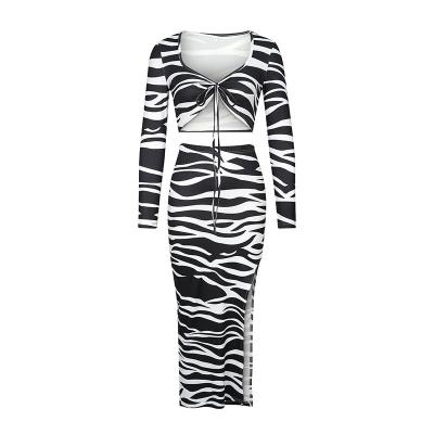 China 2023 Girls Clothing Sets OEM YINGJIA Casual Zebra Print QUICK DRY O-neck Long Sleeve And High Split Skirt For Women Set for sale