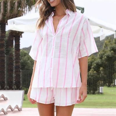 China 2022 Summer Women Anti-Static Clothing Striped Shirt 2 Piece Shorts Set Casual Outfits For Woman Comfortable Loose Pieces Both Set for sale